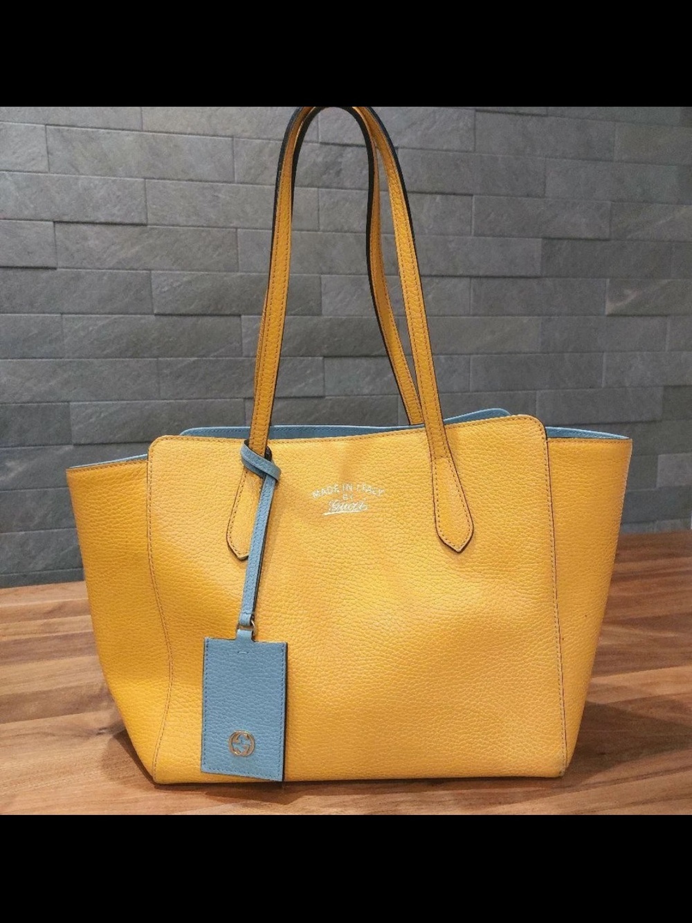 Gucci Yellow Leather Tote with Blue Tag and Trim